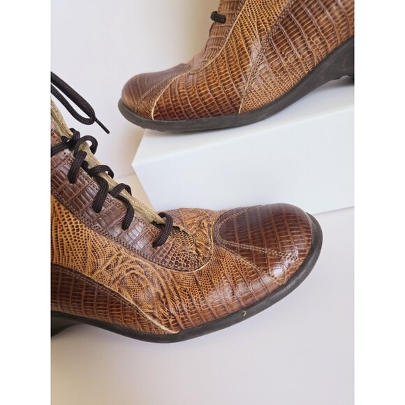 Victortian Boho Western Two Tone Colorblock Brown Lace Up Ankle Boots Shoes 37 7 - Picture 4 of 9